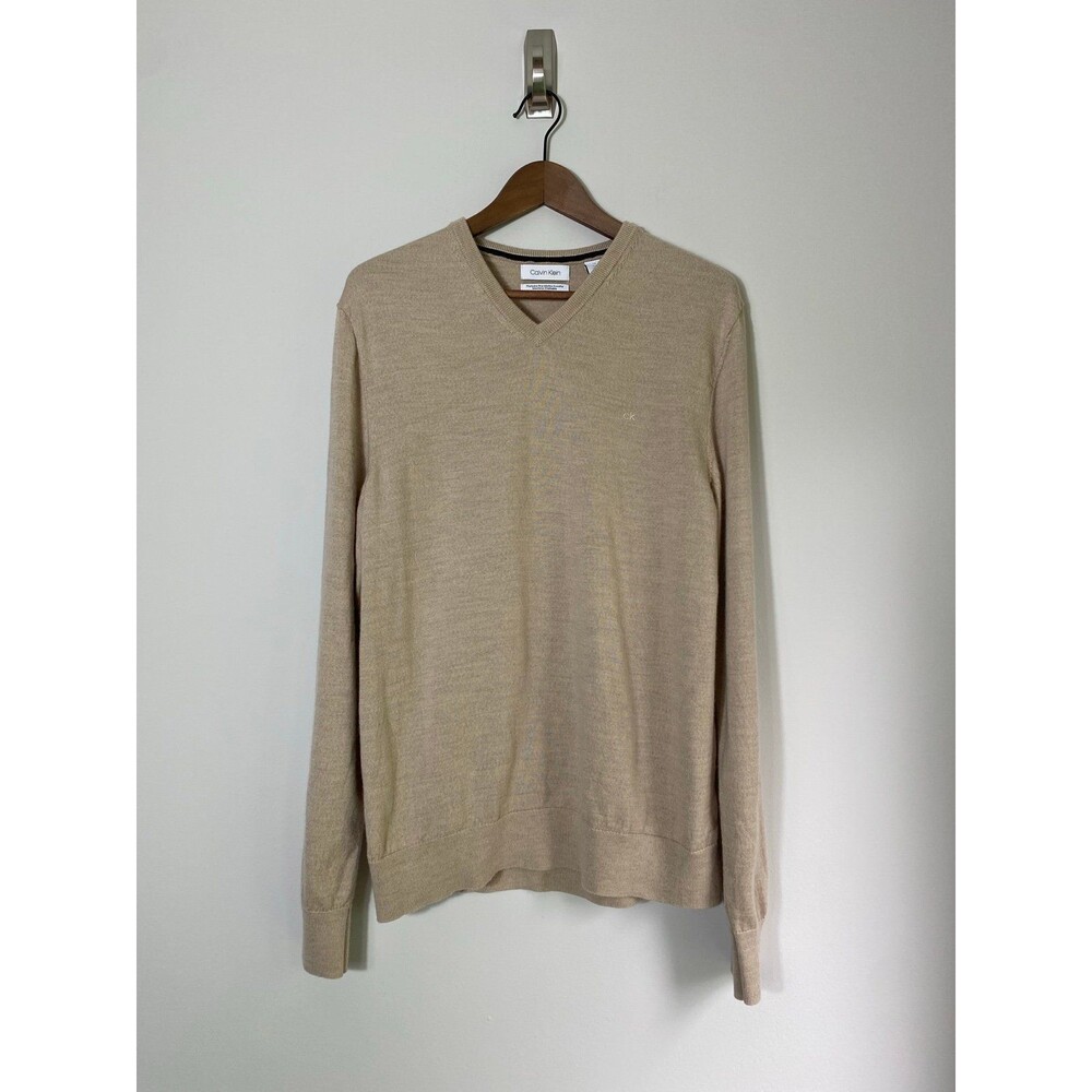 Calvin Klein Extra Fine Merino Wool Sweater Beige V-Neck Men’s L